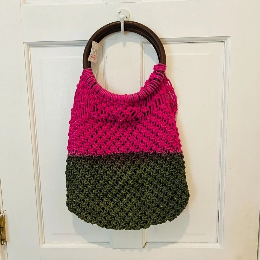 SURF GYPSY Woven Purse/Beach Boho Bag Wood Handle Pink and Green